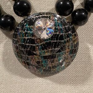 Chic 2 Strand Black and Gold Beaded Necklace with Mosaic Acrylic Pendant